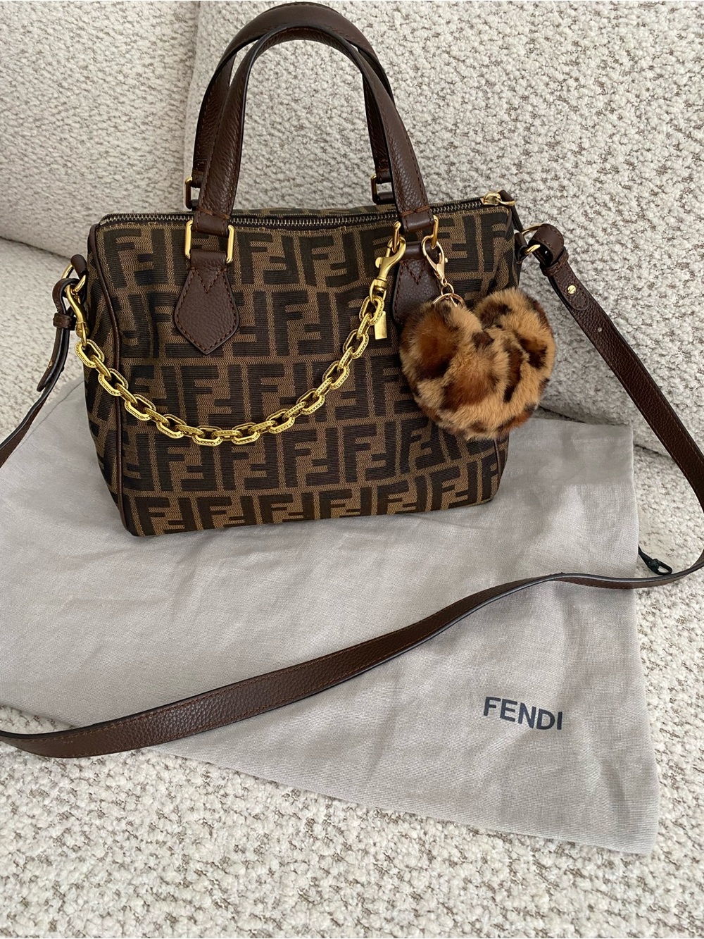 Fendi Zucca Bauletto Boston Speedy Crossbody Satchel FF Brown Black Gold EUC